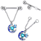 14G 9/16 Blue Gem Butterfly Love Heart Dangle Nipple Ring Set