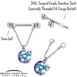 14G 9/16 Blue Gem Butterfly Love Heart Dangle Nipple Ring Set