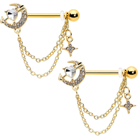 14G 9/16 Clear Gem Gold Tone Moon Lover Dangle Nipple Ring Set
