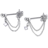 14G 9/16 Clear CZ Gem Spiderweb Chain Dangle Nipple Ring Set