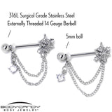 14G 9/16 Clear CZ Gem Spiderweb Chain Dangle Nipple Ring Set