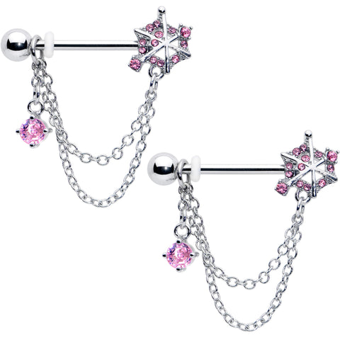 14G 9/16 Pink CZ Gem Spiderweb Chain Dangle Nipple Ring Set
