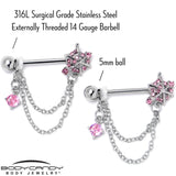 14G 9/16 Pink CZ Gem Spiderweb Chain Dangle Nipple Ring Set