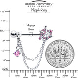 14G 9/16 Pink CZ Gem Spiderweb Chain Dangle Nipple Ring Set