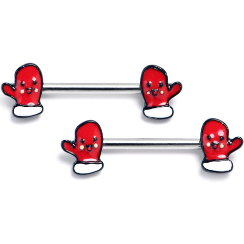 14G 9/16 Winter Mitten Red White Barbell Nipple Ring Set