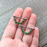 14G 9/16 Green CZ Gem August Birthstone Dangle Nipple Shield Set