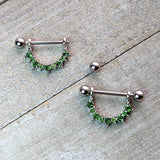 14G 9/16 Green CZ Gem August Birthstone Dangle Nipple Shield Set