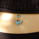 Aqua CZ Gem Butterfly Love Heart Double Mount Belly Ring