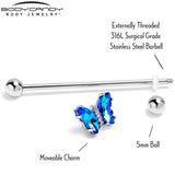 14G Blue CZ Gem Simply Colorful Butterfly Industrial Barbell 38mm