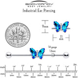 14G Blue CZ Gem Simply Colorful Butterfly Industrial Barbell 38mm