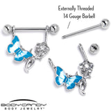 14G 9/16 Butterfly Blue Rose Flower Dangle Nipple Ring Set