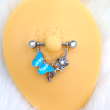 14G 9/16 Butterfly Blue Rose Flower Dangle Nipple Ring Set