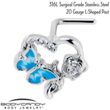 20G 7mm Clear CZ Gem Butterfly Rose Flower Blue L Shape Nose Ring