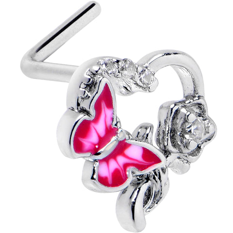 20G 7mm Clear CZ Gem Butterfly Rose Flower Pink L Shape Nose Ring