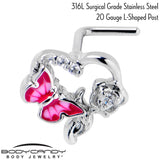 20G 7mm Clear CZ Gem Butterfly Rose Flower Pink L Shape Nose Ring