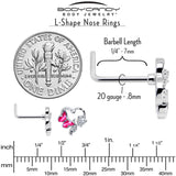 20G 7mm Clear CZ Gem Butterfly Rose Flower Pink L Shape Nose Ring
