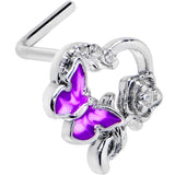 20G 7mm Clear CZ Gem Butterfly Rose Flower Purple L Shape Nose Ring