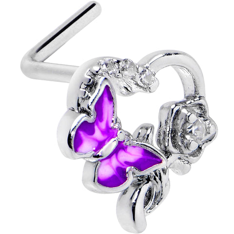 20G 7mm Clear CZ Gem Butterfly Rose Flower Purple L Shape Nose Ring