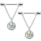 14G 9/16 Clear Gem Cat Yellow Flowers Chain Dangle Nipple Ring Set