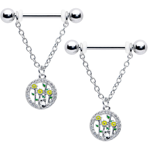 14G 9/16 Clear Gem Cat Yellow Flowers Chain Dangle Nipple Ring Set