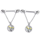 14G 9/16 Clear Gem Cat Yellow Flowers Chain Dangle Nipple Ring Set