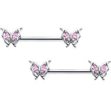14G 9/16 Pink Gem Fancy Fab Butterfly Barbell Nipple Ring Set
