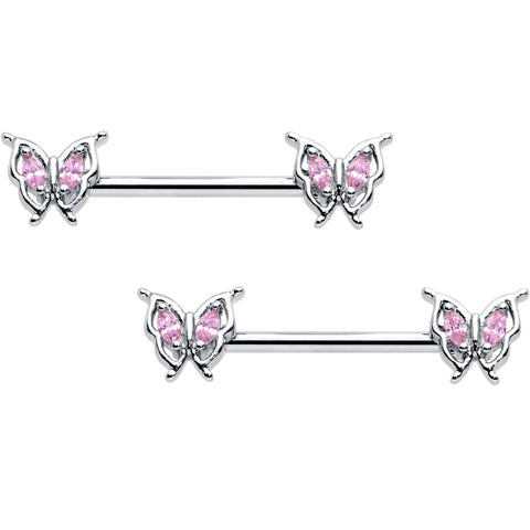 14G 9/16 Pink Gem Fancy Fab Butterfly Barbell Nipple Ring Set
