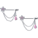 14G 9/16 Pink CZ Gem Snowflake Flower Chain Dangle Nipple Ring Set