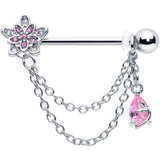 14G 9/16 Pink CZ Gem Snowflake Flower Chain Dangle Nipple Ring Set