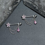 14G 9/16 Pink CZ Gem Snowflake Flower Chain Dangle Nipple Ring Set