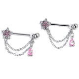 14G 9/16 Pink CZ Gem Snowflake Flower Chain Dangle Nipple Ring Set