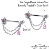 14G 9/16 Pink CZ Gem Snowflake Flower Chain Dangle Nipple Ring Set