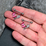14G 9/16 Butterfly Pink Rose Flower Dangle Nipple Ring Set