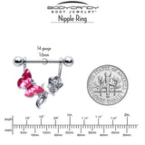 14G 9/16 Butterfly Pink Rose Flower Dangle Nipple Ring Set