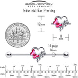 14G Clear Gem Butterfly Rose Flower Pink Industrial Barbell 38mm