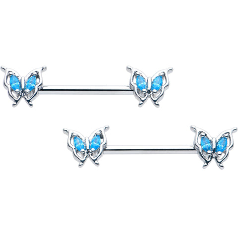 14G 9/16 Blue Gem Fancy Fab Butterfly Barbell Nipple Ring Set