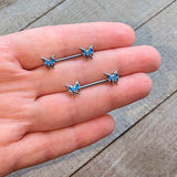 14G 9/16 Blue Gem Fancy Fab Butterfly Barbell Nipple Ring Set