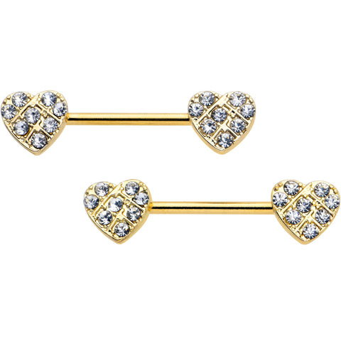 14G 9/16 Clear CZ Gem Gold Tone Lattice Heart Barbell Nipple Ring Set
