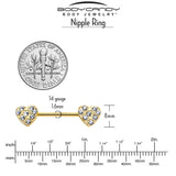 14G 9/16 Clear CZ Gem Gold Tone Lattice Heart Barbell Nipple Ring Set