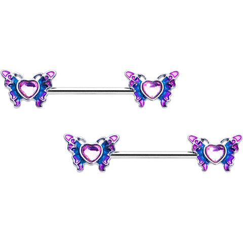 14G 9/16 Pink Gem Heart Butterfly Purple Barbell Nipple Ring Set