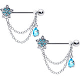 14G 9/16 Blue CZ Gem Snowflake Flower Chain Dangle Nipple Ring Set