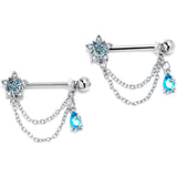14G 9/16 Blue CZ Gem Snowflake Flower Chain Dangle Nipple Ring Set