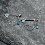 14G 9/16 Blue CZ Gem Snowflake Flower Chain Dangle Nipple Ring Set