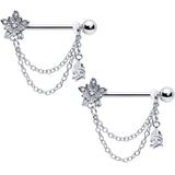14G 9/16 Clear CZ Gem Snowflake Flower Chain Dangle Nipple Ring Set