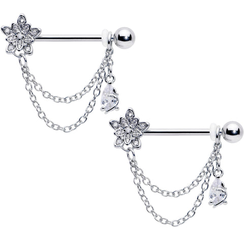 14G 9/16 Clear CZ Gem Snowflake Flower Chain Dangle Nipple Ring Set