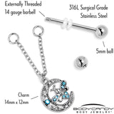 14G 9/16 Blue Gem Lunar Dragonfly Chain Dangle Nipple Ring Set