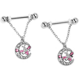 14G 9/16 Pink Gem Lunar Dragonfly Chain Dangle Nipple Ring Set