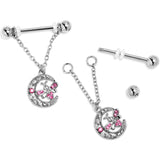 14G 9/16 Pink Gem Lunar Dragonfly Chain Dangle Nipple Ring Set