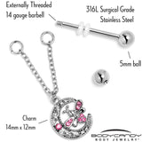 14G 9/16 Pink Gem Lunar Dragonfly Chain Dangle Nipple Ring Set