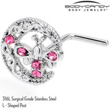 20G 7mm Pink Gem Lunar Dragonfly L Shape Nose Ring